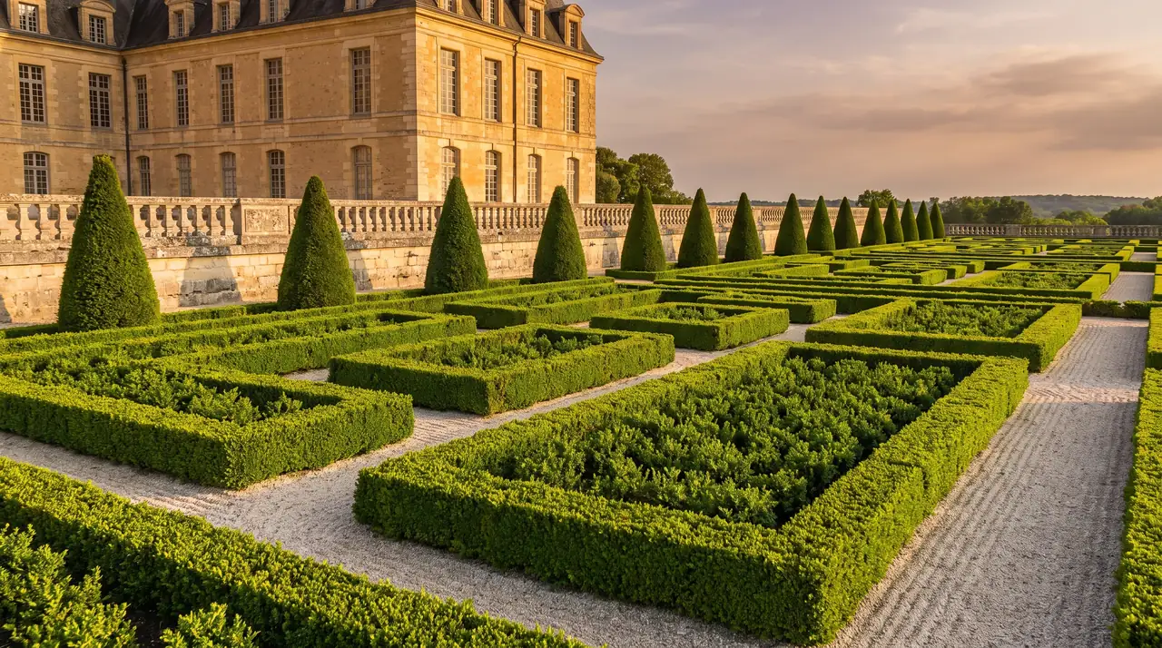 Parterres de jardin à la française à buis taillés et allées de gravier devant un château de pierre claire à Vayres