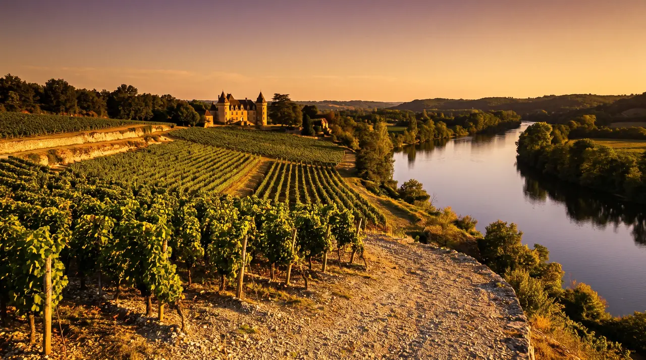 Rangs de vignes sur un plateau graveleux dominant la Dordogne près de Vayres au soleil couchant, château de pierre au loin