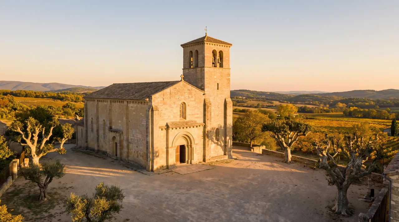 Petite église romane en pierre claire à clocher carré et portail arrondi à Vayres, place herbeuse et vieux arbres