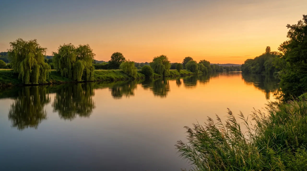 La Dordogne calme au soleil couchant le long d'une berge basse de saules et de roseaux près de Vayres, eau miroitante