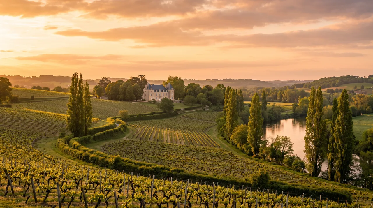 Campagne près de la Dordogne à Vayres au coucher du soleil, vignes, peupliers, haies et un domaine de pierre au loin