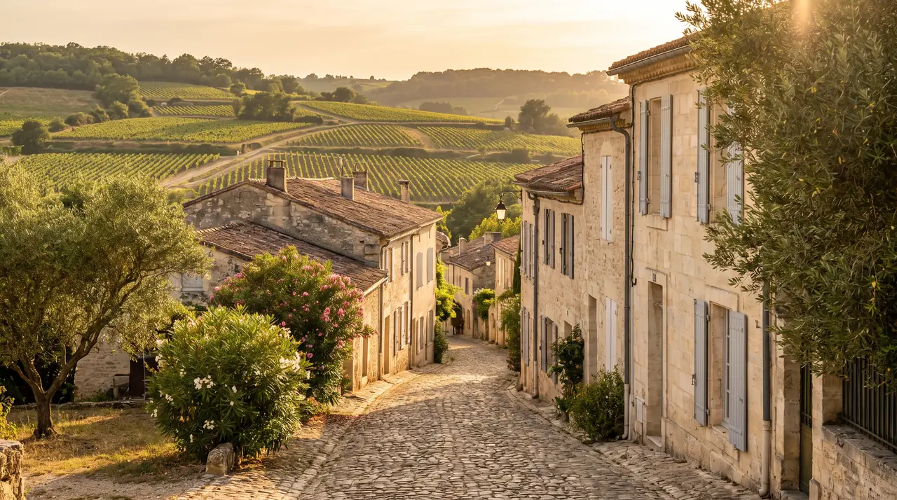 Ruelle tranquille d'un village de pierre près de Vayres, maisons claires à volets au bord d'une vigne, lumière chaude