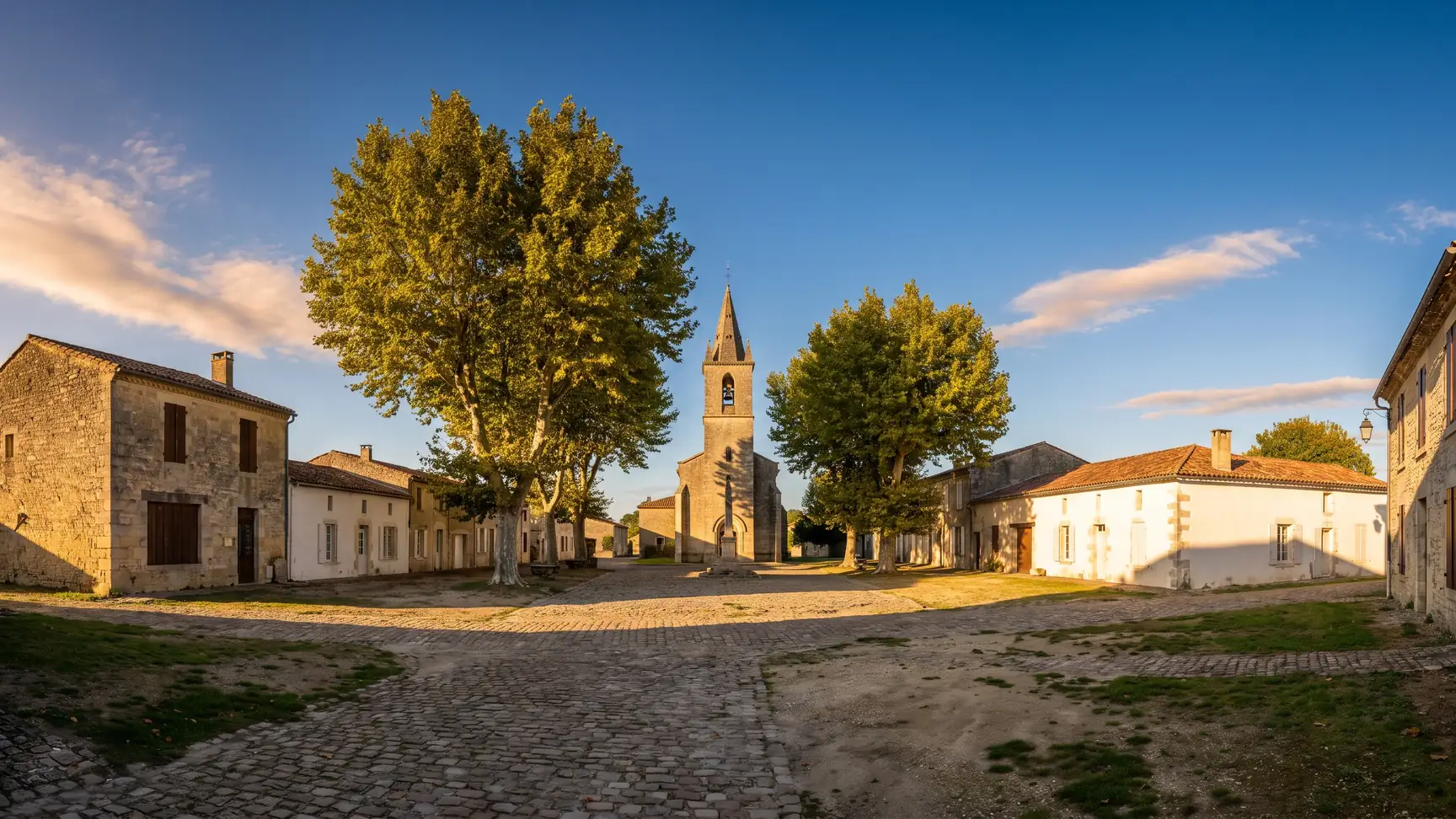 Une modeste église de pierre au clocher élancé et des maisons basses médocaines autour d'une place ombragée de platanes