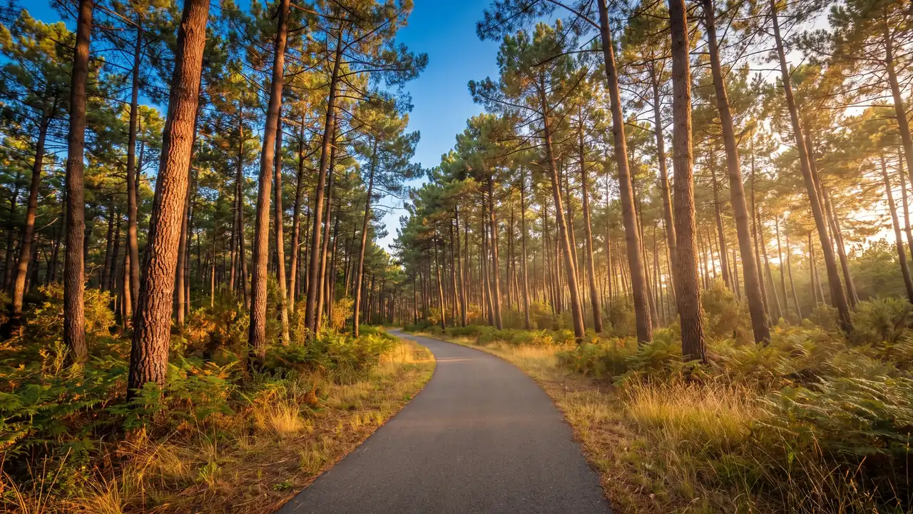 Une piste cyclable déserte serpentant entre les hauts pins maritimes de la forêt médocaine, lumière dorée