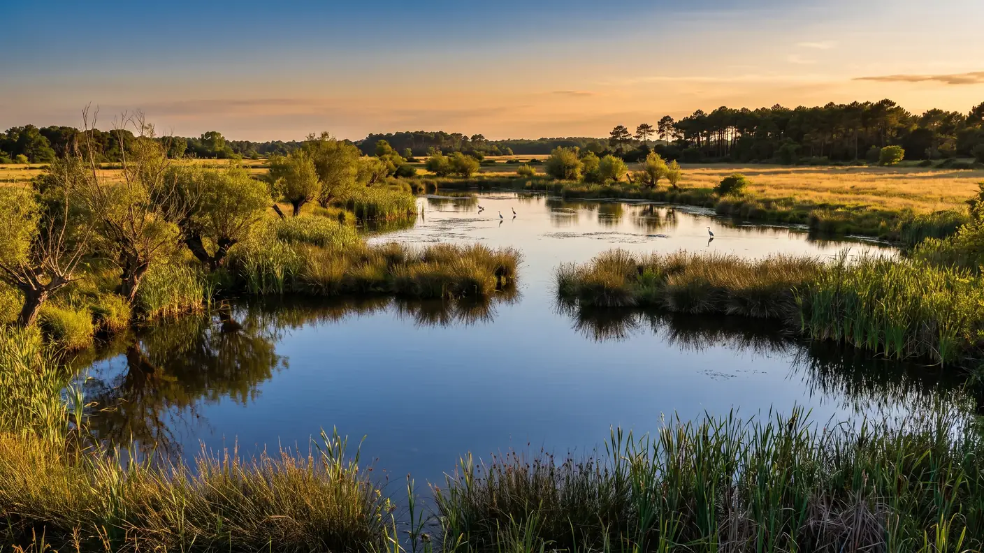 Un marais médocain paisible aux eaux calmes bordées de roseaux, quelques échassiers au loin, prairies et pins