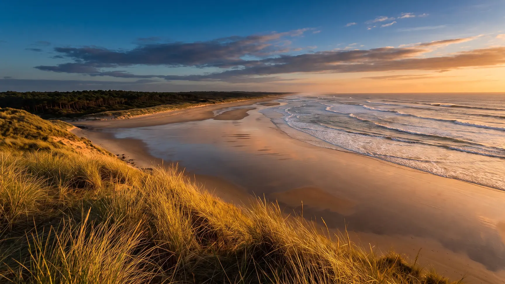 La côte médocaine depuis une haute dune, immense plage de sable mouillé par la marée et forêt de pins à perte de vue