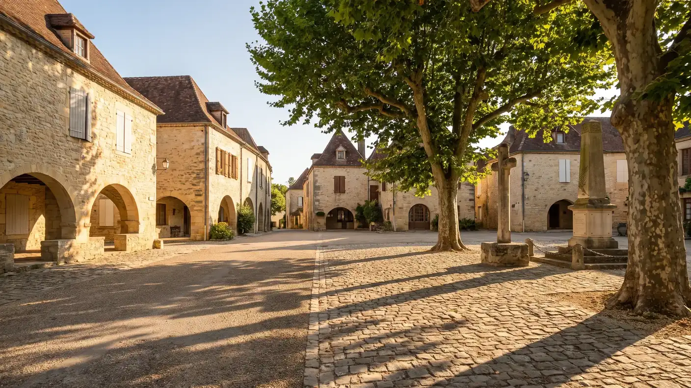 Place centrale de Verteillac, monument aux morts et maisons en pierre