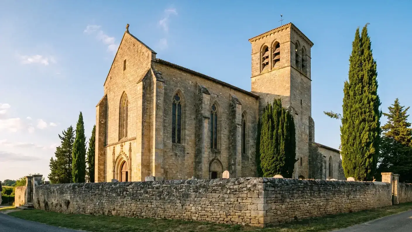 Église en pierre de Verteillac, nef à contreforts et clocher carré