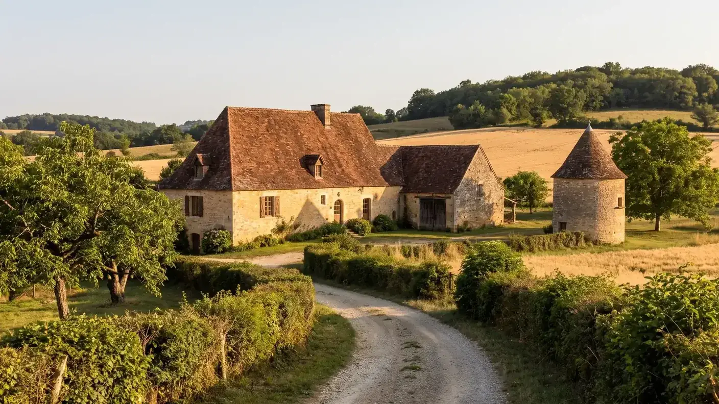 Ferme en pierre et verger de noyers dans le Ribéracois