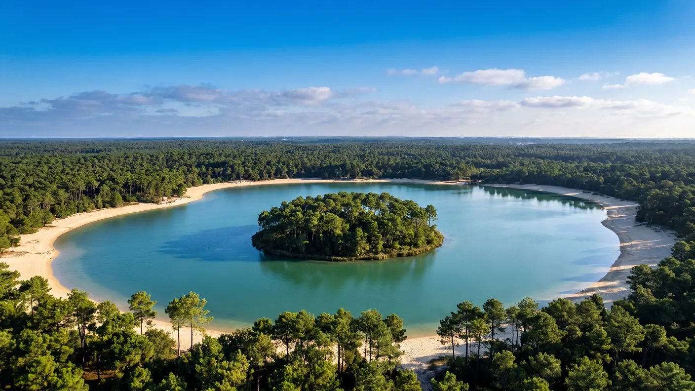 Le lac marin de Port d'Albret à Vieux-Boucau, eaux turquoise et île ronde couverte de pins, rives de sable clair