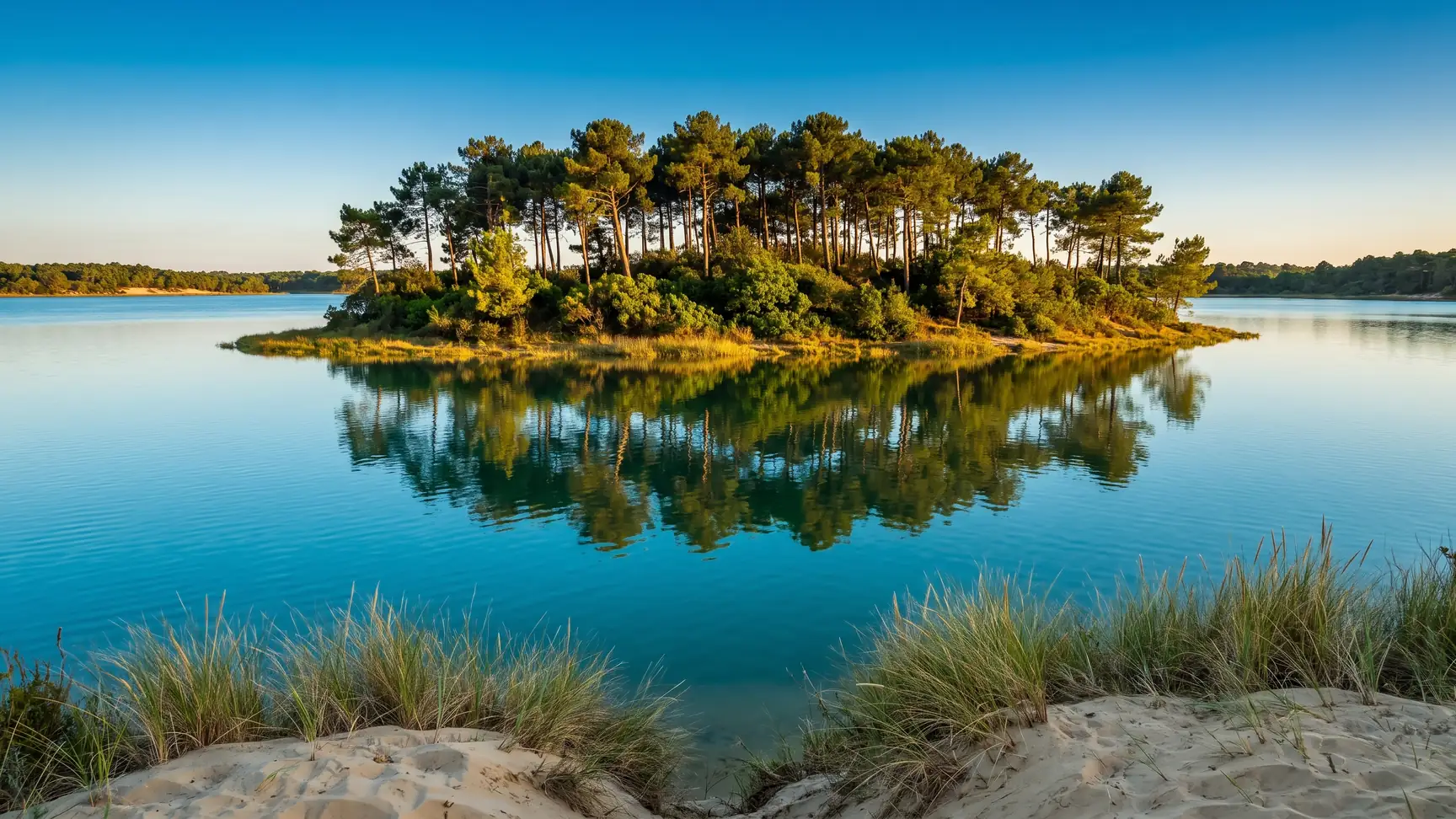 L'île sauvage couverte de pins au milieu du lac marin, eaux turquoise calmes tout autour, rive de sable au premier plan