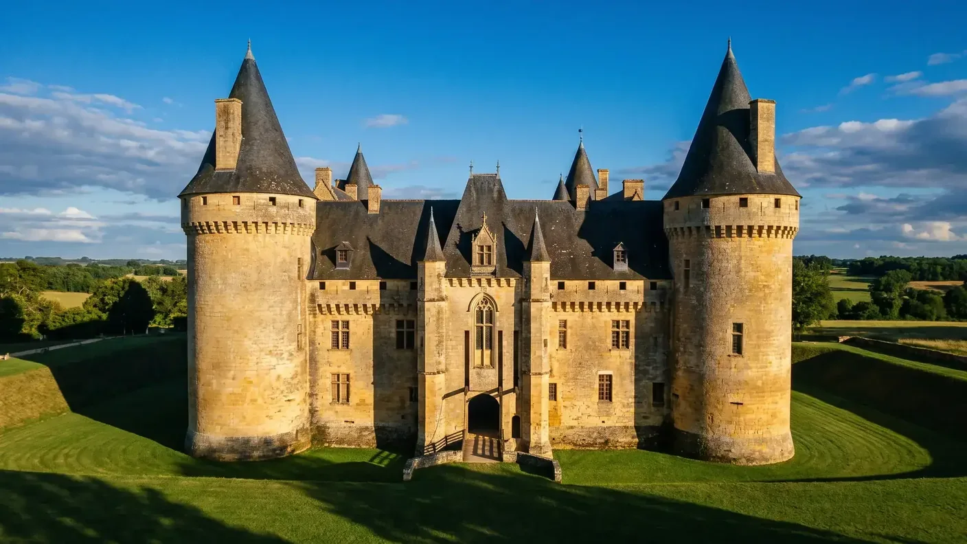 Château de Mareuil en Dordogne, tours rondes et châtelet gothique