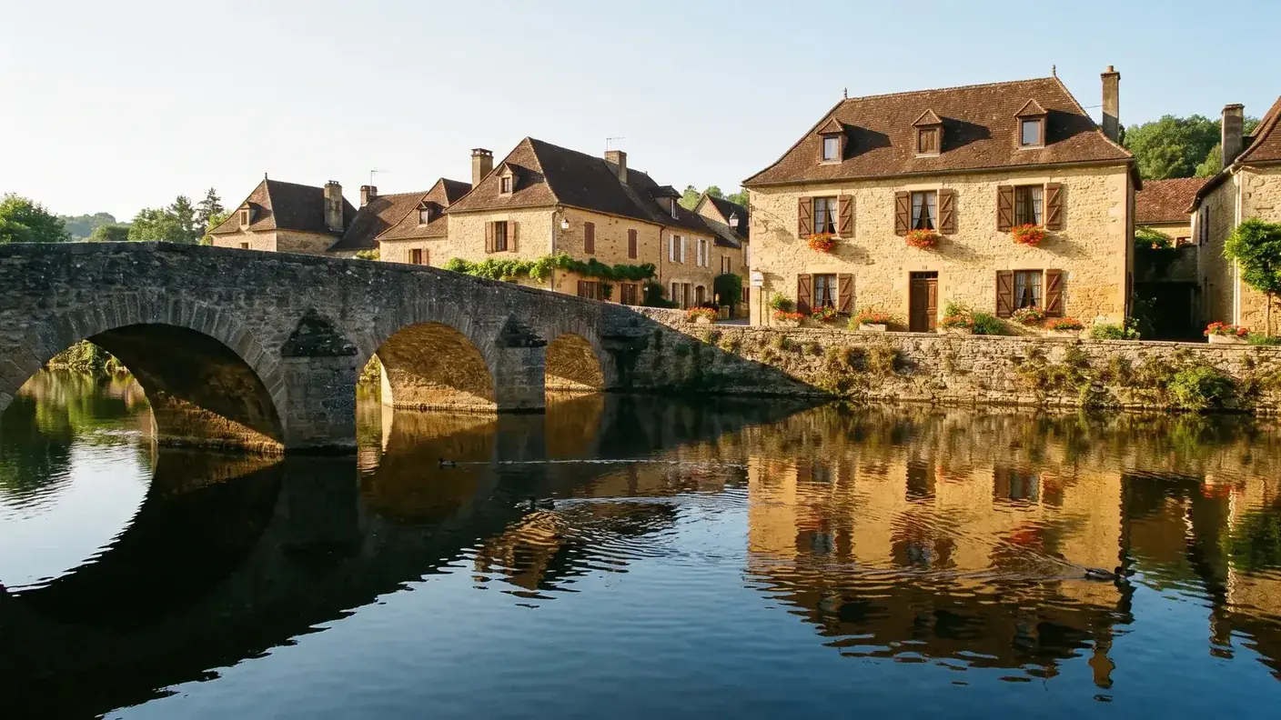 Le pont et le bourg de Vieux-Mareuil dans le Périgord vert (Dordogne) — destination du transfert privé Bordeaux → Vieux-Mareuil