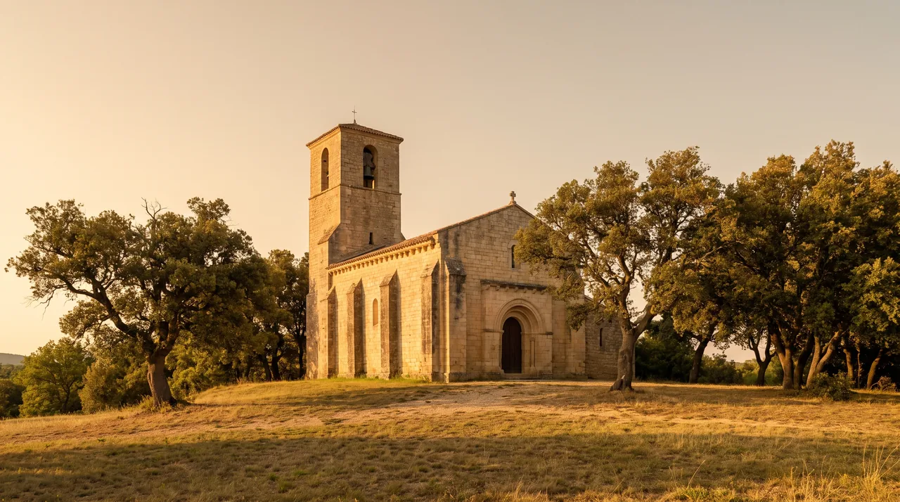 Petite église romane en pierre claire à clocher carré et contreforts près de Villenave-de-Rions, vieux arbres, lumière chaude