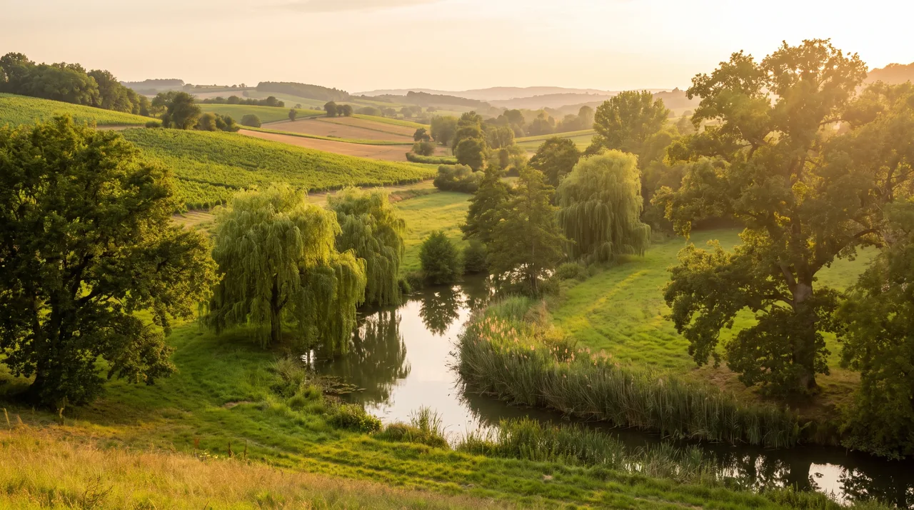 Petit ruisseau boisé serpentant dans un vallon vert des coteaux de la Garonne près de Villenave-de-Rions, saules et roseaux