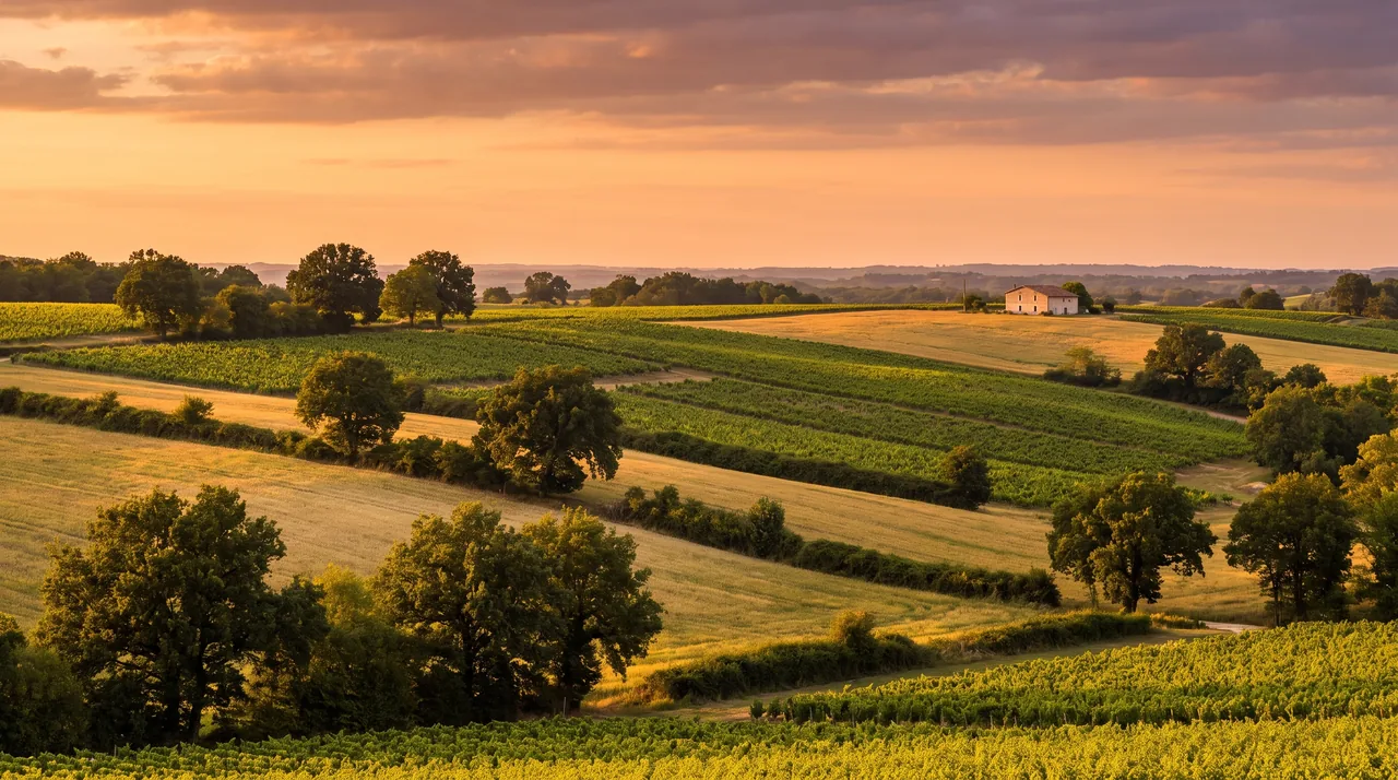 Campagne vallonnée des coteaux de la rive droite de la Garonne près de Villenave-de-Rions au coucher du soleil