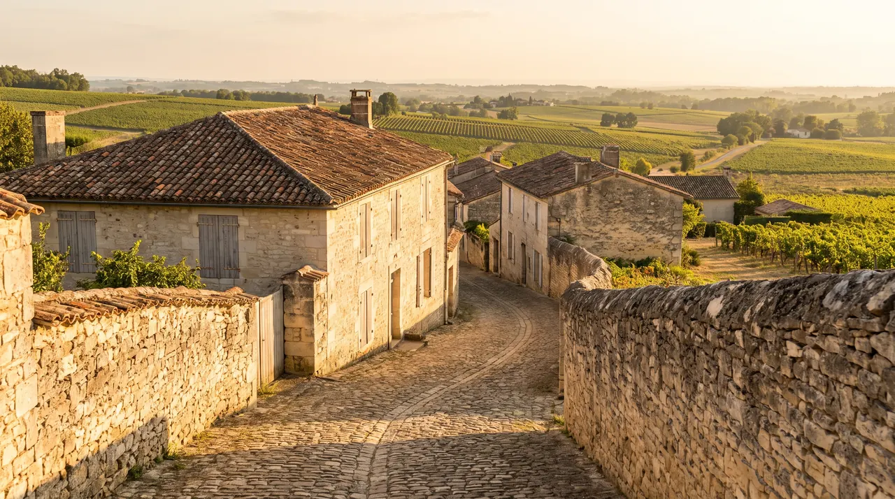 Ruelle déserte d'un hameau de pierre claire aux toits de tuiles près de Villenave-de-Rions, volets de bois, lumière chaude