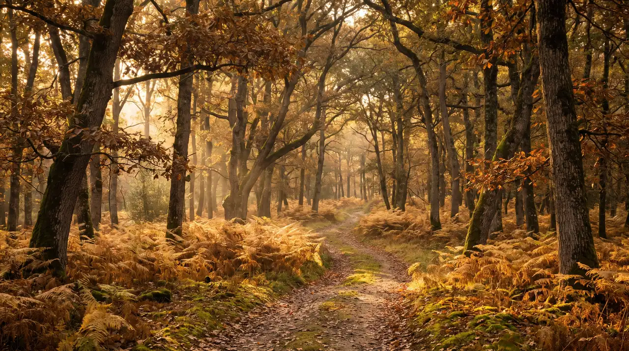 Bois de chênes et de châtaigniers près de Villenave-de-Rions dans une lumière chaude, tapis de fougères et sentier