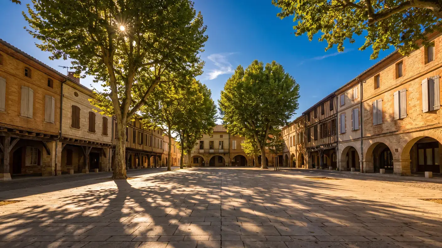 La place Lafayette de Villeneuve-sur-Lot, place à couverts et arcades bordée de maisons de brique ocre