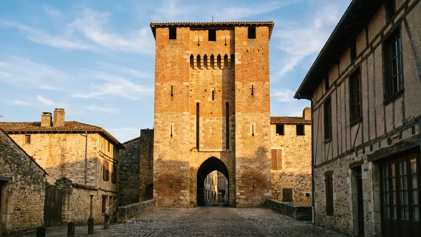 La porte de Paris à Villeneuve-sur-Lot, haute tour-porte médiévale de brique et de pierre à mâchicoulis