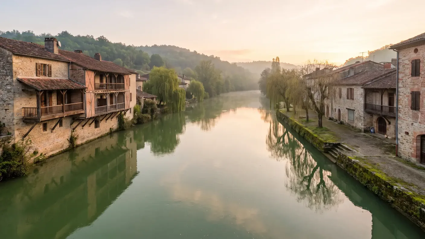 La rivière Lot traversant Villeneuve-sur-Lot, maisons de pierre et de brique en surplomb des quais