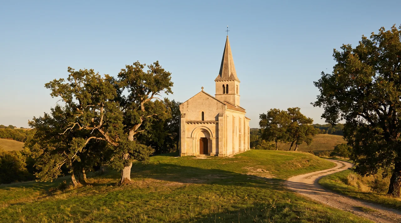 Église romane de village en pierre claire à flèche fine et portail arrondi à Virsac, lumière chaude de fin de journée