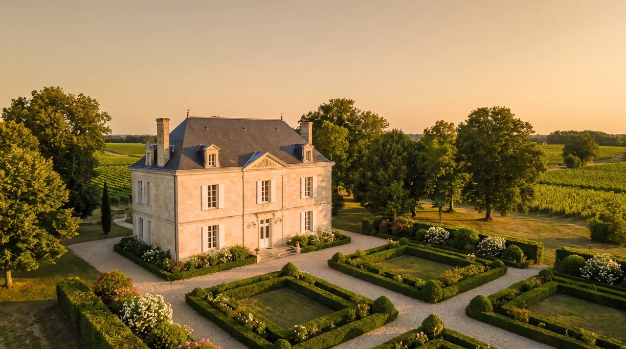 Ancienne demeure girondine en pierre claire à toit d'ardoise et lucarnes à Virsac, jardins et arbres, lumière chaude