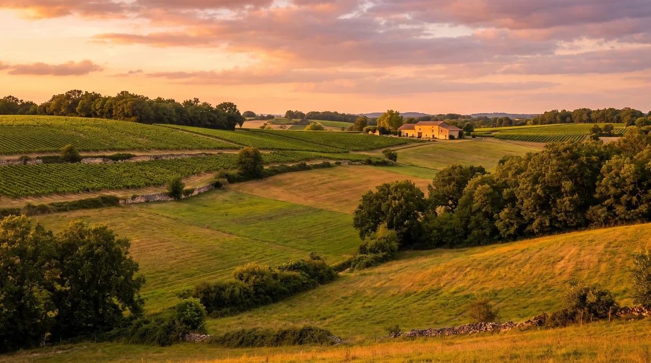 Campagne vallonnée du Cubzaguais près de Virsac au coucher du soleil, vignes, champs, haies et une ferme de pierre au loin
