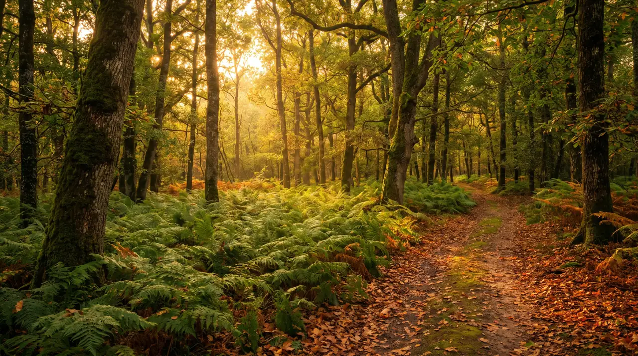 Bois de chênes et de châtaigniers près de Virsac dans une lumière chaude, tapis de fougères et sentier entre les troncs