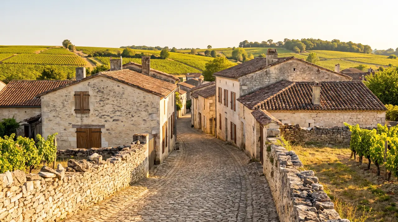 Ruelle tranquille d'un hameau de pierre près de Virsac, maisons claires à volets et toits de tuiles, sans voiture