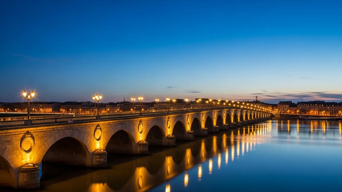 Pont de pierre sur la Garonne et façades du Port de la Lune au crépuscule