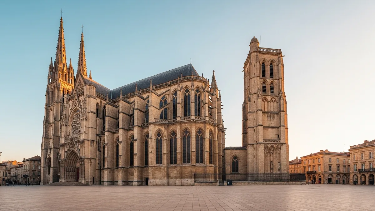 Cathédrale Saint-André et tour Pey-Berland sous un ciel clair à Bordeaux