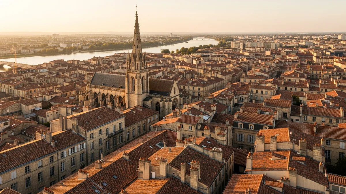 Toits du vieux Bordeaux et flèche Saint-Michel au-dessus de la Garonne