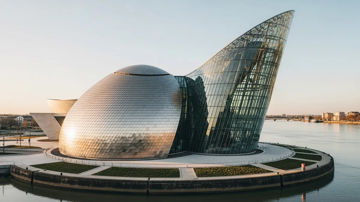 Cité du Vin aux courbes dorées reflétée dans la Garonne au crépuscule