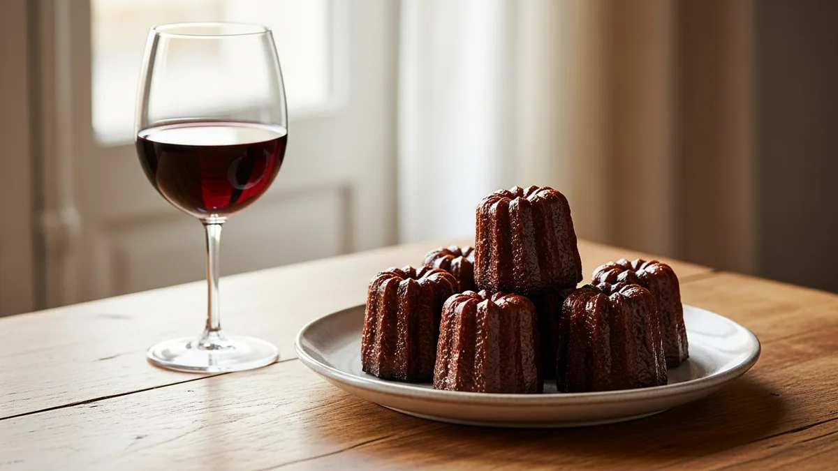 Cannelés bordelais et verre de vin rouge servis sur une table claire