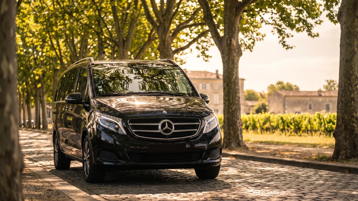 Van avec chauffeur à faibles émissions sur une route bordée de nature près de Bordeaux