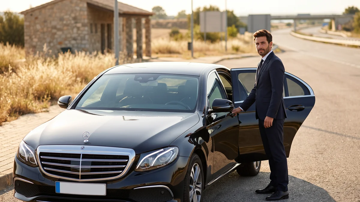 Chauffeur privé en costume ouvrant la portière d'une berline VTC noire à Bordeaux