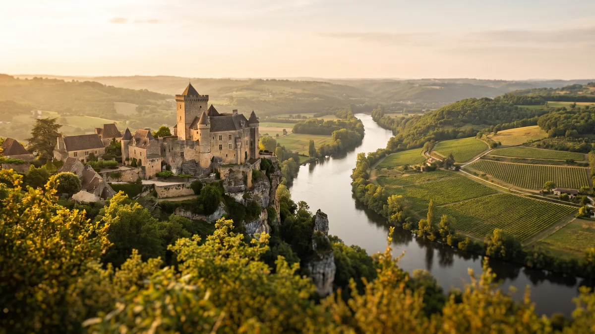 Château médiéval du Périgord noir surplombant la vallée de la Dordogne