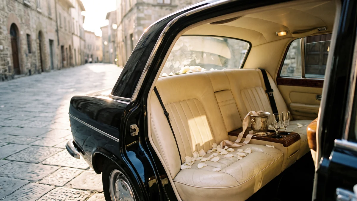 Intérieur d'une voiture de mariage avec pétales sur la banquette à Bordeaux