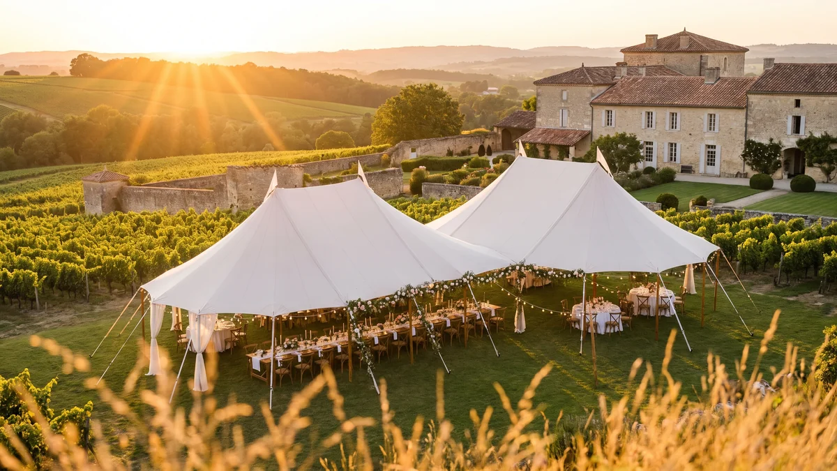 Van de mariage devant un domaine viticole de réception près de Saint-Émilion