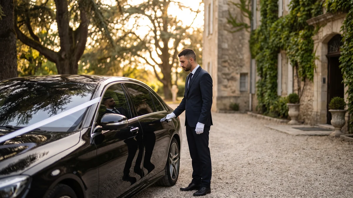 Chauffeur en gants blancs ouvrant la portière d'une berline de mariage à Bordeaux