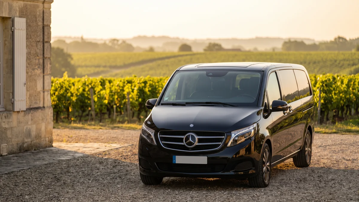 Van avec chauffeur devant un château viticole du vignoble bordelais lors d'une dégustation