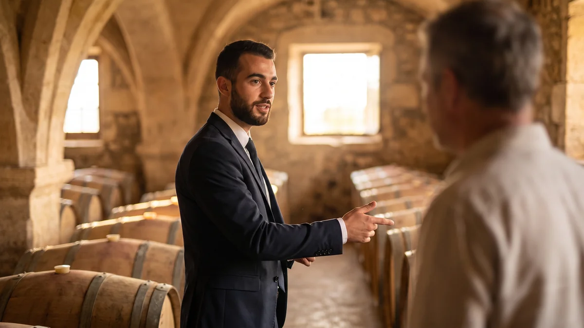 Chauffeur privé patientant dans un chai à barriques d'un château du vignoble bordelais