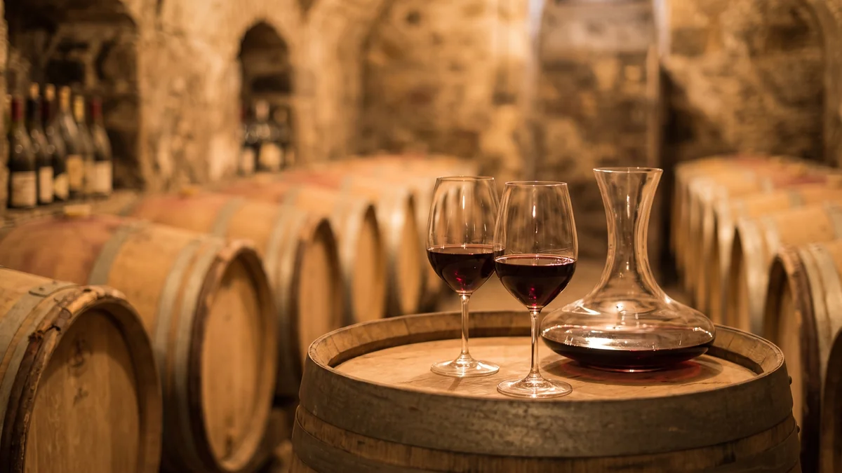 Dégustation de vin rouge dans des verres posés sur une barrique dans un chai bordelais