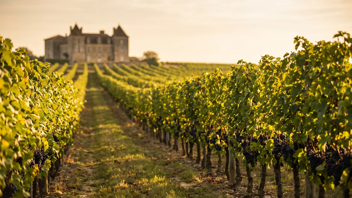 Rangs de vignes du Médoc dorés par la lumière au coucher du soleil près de Bordeaux