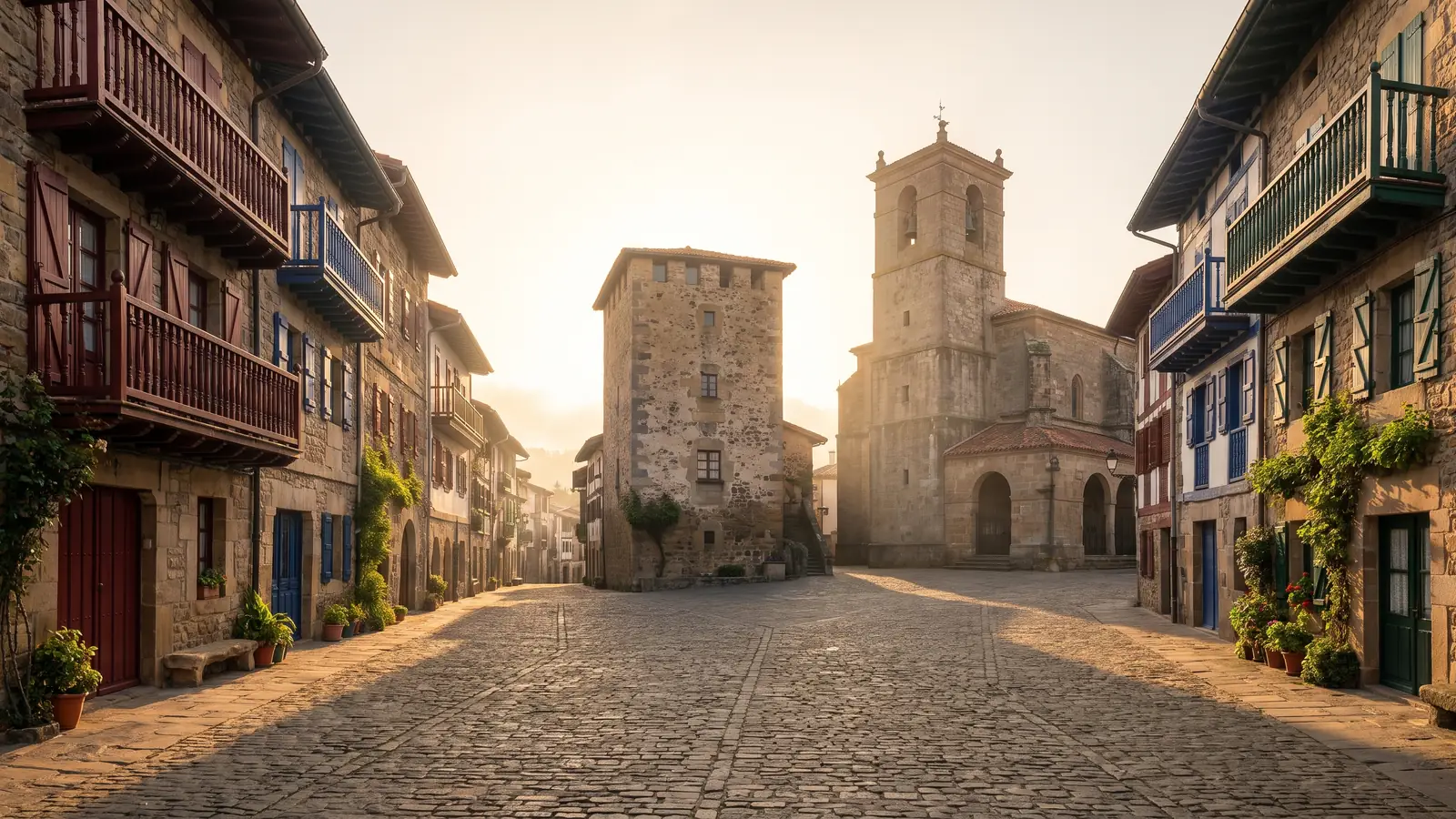 Rue pavée et tour médiévale dans la vieille ville de Zarautz