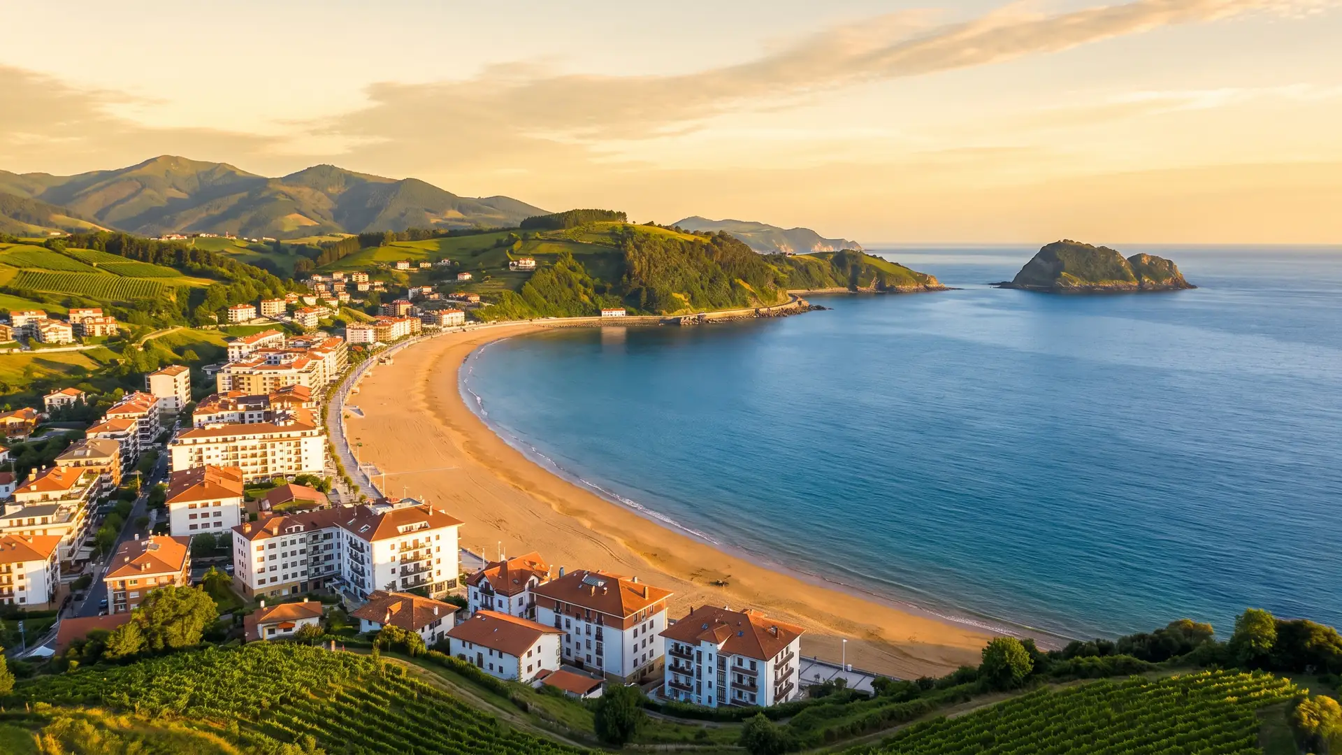 Panorama de Zarautz, de sa plage et des collines basques