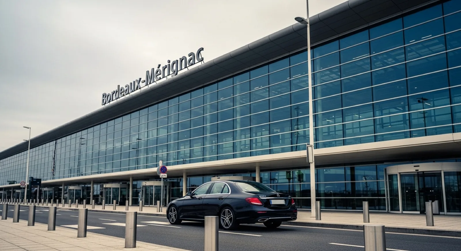 Transfert VTC aéroport Bordeaux-Mérignac — Mercedes Classe C noire devant terminal