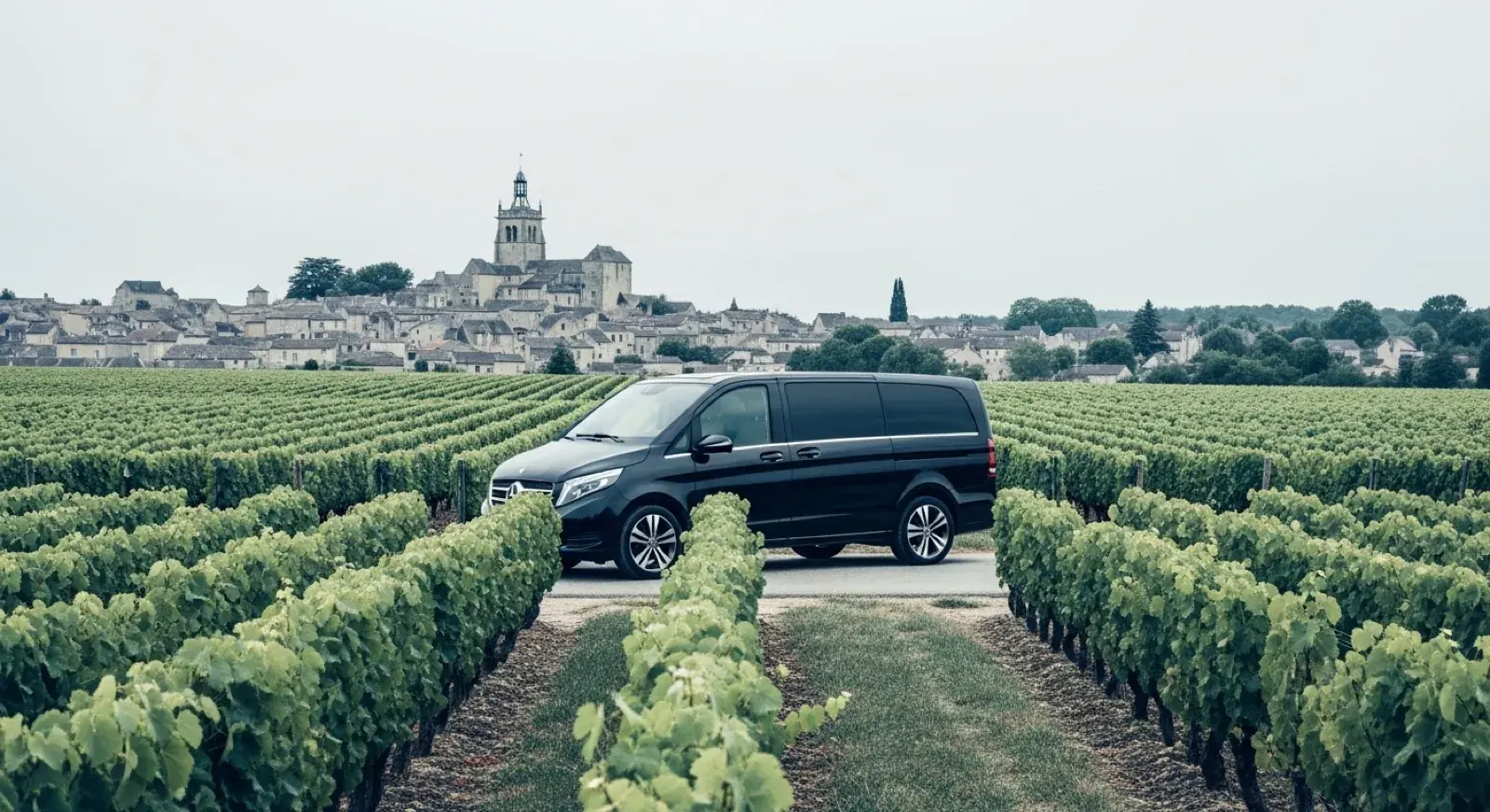 Wine tour Saint-Émilion en Mercedes Classe V — vignobles et collégiale UNESCO