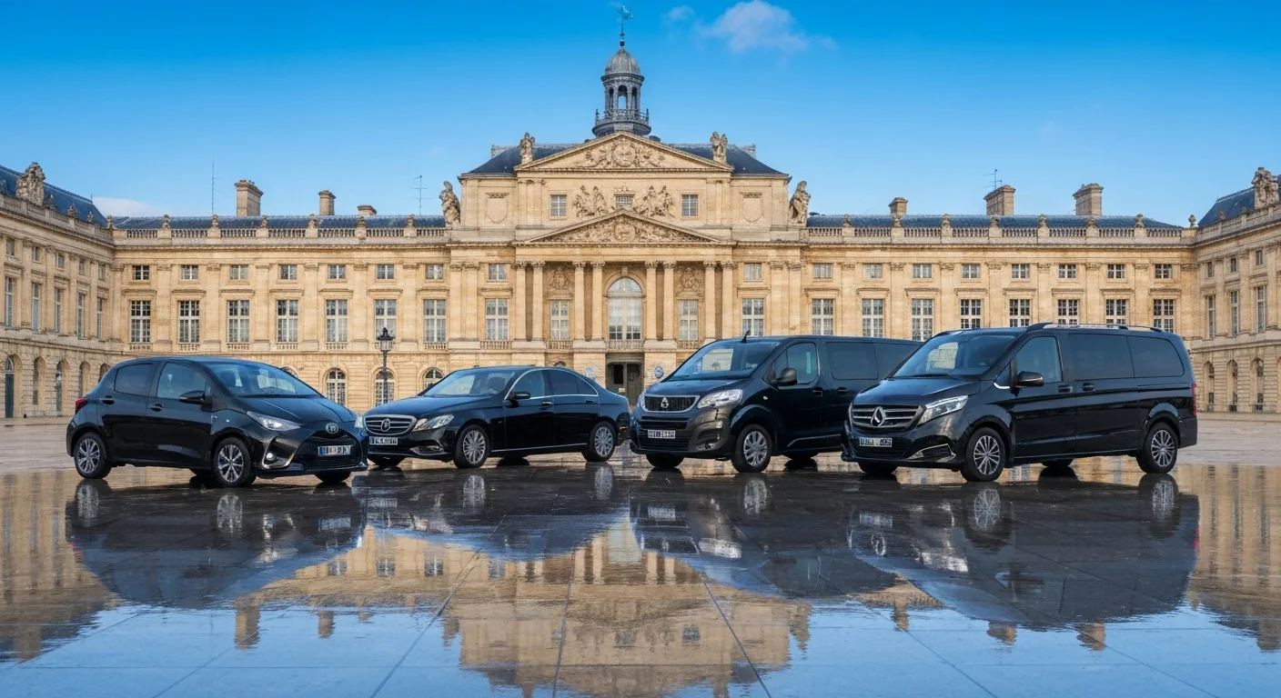Flotte VTC Bordeaux : Toyota Yaris (Eco), Mercedes Classe C (Berline), Peugeot Traveller (Van éco), Mercedes Classe V (Van Mercedes) — sur le Miroir d'Eau devant la Place de la Bourse